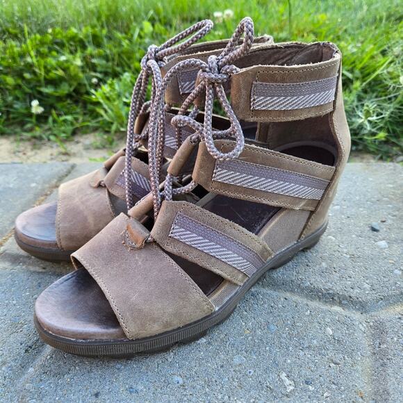 SOREL wedge sandals womens sz 8.5 JOANIE II lace up - Picture 1 of 14